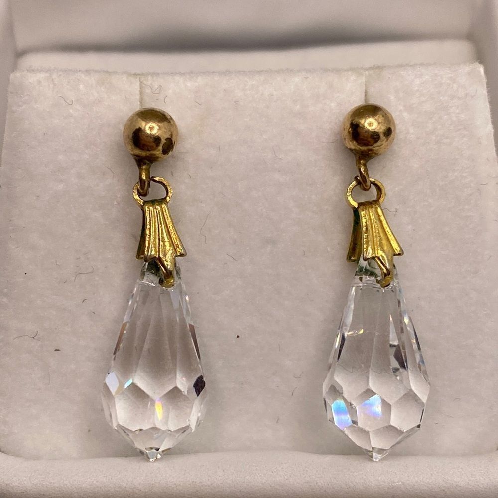 💛 Vintage Gold Filled Bricolette Crystal Drop Earrings - Picture 1 of 3